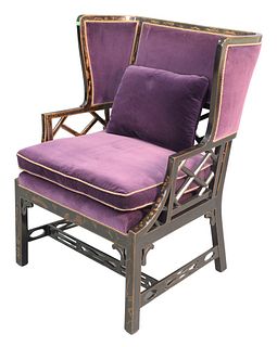 Chinese Style Arm Chair, having custom upholstery and chinoiserie decorated frame, height 44 inches, width 34 inches.