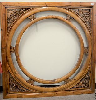 Carved Chinese Elm Window, 19th century or later, height 51 inches, width 51 inches.