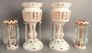 Pair of Overlay and Enameled Ruby Glass Lusters, having trumpet form and gilt lusters, highlights throughout, having 10 prisms each, height 11 inches 