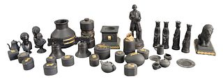 Tray Lot of Wedgwood Black Basalt, to include Josiah standing figure, group of small boxes with gold overlay, lions' bust, vase, miniature tea set, tw