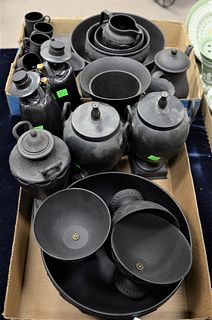 Two Tray Lots of Wedgwood Black Basalt, to include a pair of urns, bowls, cups, saucers, teapot, urns, etc.