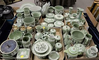 Six Tray Lots of Moss Green Wedgwood Jasperware, to include candlesticks, vases, covered boxes, creamers, sugars, bowls, plates, etc.