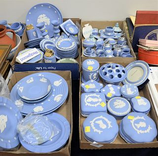 Four Tray Lots of Wedgwood Jasperware, to include cups, saucers, plates, covered boxes, candlesticks, etc., plate diameter 8 1/4 inches.
