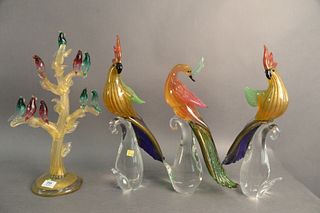 Group of Five Murano Glass Birds, to include a pair of yellow and purple cockatoos, both signed indistinctly to the underside; a yellow and green cock