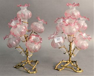 Pair of Art Glass Epergnes, attributed to Val St. Lambert, having gilt metal frames, each holding seven cameo cut and etched pink glass vases, height 