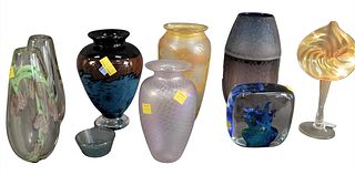 Group of Nine Art Glass Pieces, to include pair of art glass vases, Jack and Pulpit vase; art glass vase with blue and brown; the glass eye vase with 