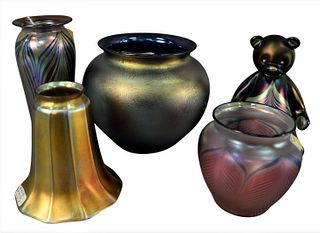 Group of Five Art Glass Pieces, to include two Zellique art glass vases, one having pulled feather design; Craig Zweifel vase having iridescent pulled