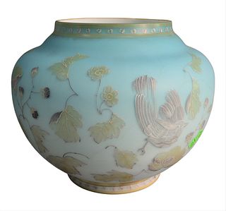 Large Turquoise Satin Glass Planter, having white and green floral enameling to the exterior, height 11 inches, width 13 inches.