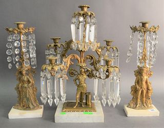 Three Piece Girandole Set, to include a pair of figural candlesticks and a four arm candelabra with a knight form, each mounted on marble bases, heigh