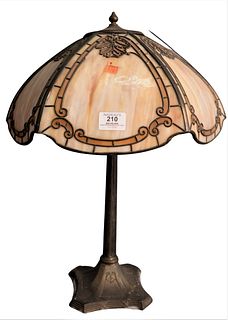 Handel Slag Glass Table Lamp, having two sockets, one piece of broken bronze to the shade, marked Handel on the shade, overall height 23 inches.
