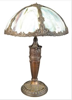 Slag Glass Panel Table Lamp, having two lights and cylindrical base, overall height 25 inches.