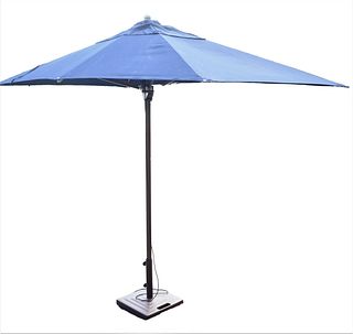 Large Rectangle Umbrella with Stand, navy blue fabric possibly Sunbrella, 70" x 120".