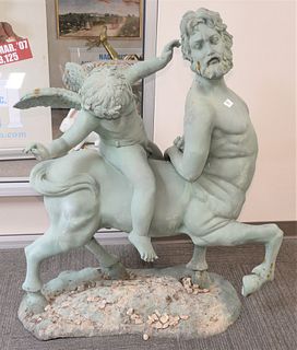 Large Outdoor Metal Figural Sculpture, having a putti riding a centaur, height 49 inches, width 40 inches, depth 15 inches.