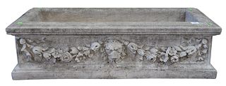 Pair of Large Rectangle Planters, cast cement having lion head and floral draping, height 11 1/2 inches, width 43 1/4 inches, depth 18 inches.