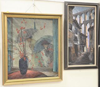Two Piece Lot, to include an Italian street scene, acrylic on canvas, signed lower right "Faustu"; along with an interior scene with figures in the ba