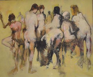 Unknown Artist, group of nude women, oil on canvas, signed indistinctly lower right and inscribed on the reverse, 21 1/2" x 22 1/2".