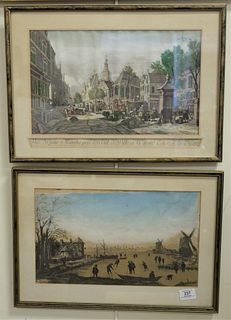 Four Piece Lot, to include "The Seine", signed T.F. Zimon in pencil, engraving in colors on paper; a Dutch port scene (has slipped in matt), etching w