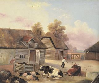 Continental School (late 19th century), barnyard scene, oil on glue lined canvas, unsigned, 20" x 24", (as is with minor paint loss to sky).