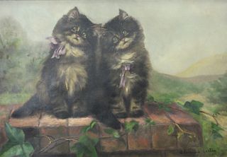 Adrienne Lester (British, 1870 - 1950), two kitten seated on wall, oil on canvas, signed lower right "Adrienne Lester", dated on the reverse "1917", 1