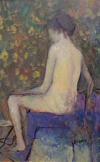 Stephen Baghell (American, 1930 - 1996), Seated Nude Bathing, oil on board, signed lower right "Baghell", 23" x 14 1/2".