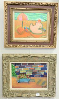 Three Piece Lot to include two Harold M. Leroy (American, 1905 - 2000), Wheelbarrow and Nude Bather, both oil on canvas board, both signed lower right