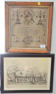Five Piece Group, to include a framed needlepoint school sampler with a prayer and a bird; a brass relief wall hanging after David Teniers the Younger