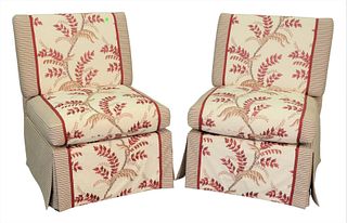 Pair of Custom Upholstered Armless Chairs, having embroidered center panels, height 33 inches, width 24 inches, (like new condition).
