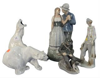Five Piece Group of Royal Copenhagen, to include two polar bears, a clown, a young couple, along with a man cleaning his rifle, polar bear height 13 i
