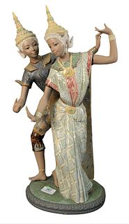 Lladro Porcelain Figural Group, "Thai Couple", model 2058, marked to the underside, height 20 1/2 inches.