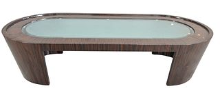 Large Dakota Jackson Lacquered Wood and Glass Oval Coffee Table, height 18 1/2 inches, top 78" x 36 1/2".