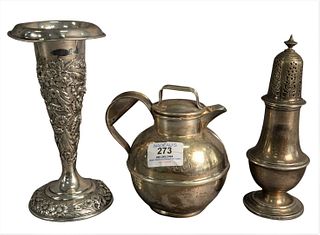 Three Piece Sterling Silver Lot, to include Jenkins & Jenkins repousse vase (dents at top), teapot, and caster, 24 t.oz.
