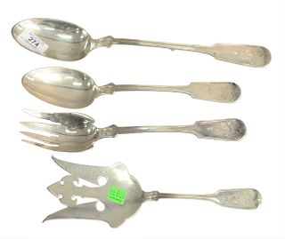 Four Sterling Silver Serving Pieces, to include stuffing spoon, large serving spoon, two serving forks, all marked Tiffany & Company, all with coat of