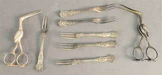 Eight Piece Lot of Tiffany & Company King Pattern Sterling Silver, to include cocktail forks, along with two bird ribbon threaders, 7 t.oz.