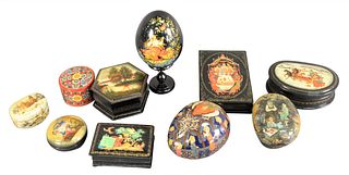Group of Ten Russian Lacquer Items, to include a lacquered egg having a woman in a stream, two boxes with landscapes along with four having folklore s