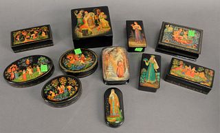 Group of Eleven Russian Lacquer Boxes, each having a Russian folklore and fairytale scene, each signed in Cyrillic and dated along the lower edge, lar