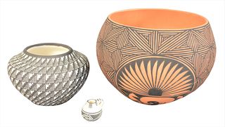 Three Piece Lot of Acoma Pottery, to include a red and black vessel, inscribed "Acoma, N.M. Y.E.", to the underside; a black and white vessel signed "