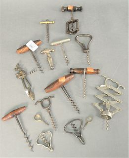 Group of Sixteen Corkscrews, to include four turned wood handles, three finger pulls, one sliding gate corkscrew, one sterling silver corkscrew with s