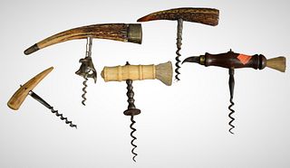 Five Piece Group of Corkscrews, to include two horn and sterling silver corkscrews, one having a large tooth handle, one having a brush and foil cutte
