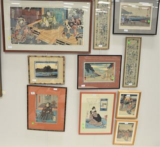 Ten Piece Chinese Group, to include eight framed woodblock prints, along with two framed needleworks, largest sight size 14" x 28".