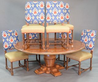 Woodland Round Dining Table, on pedestal base, along with eight upholstered side chairs, top with hand-planed appearance, and brass tack edge, height 
