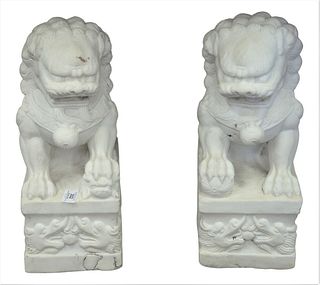 Pair of White Marble Garden Statue Foo Lions, height 18 inches, width 7 1/4 inches, depth 10 1/2 inches.