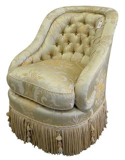 Custom Silk Upholstered Chair, having tufted back and tassel base, height 33 inches, width 27 inches.