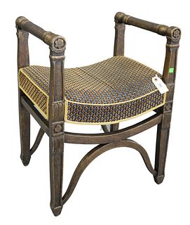 Minton-Spidell Bench, having gilt finish and blue and gold upholstery, seat height 16 inches, length 19 1/2 inches, depth 15 inches.