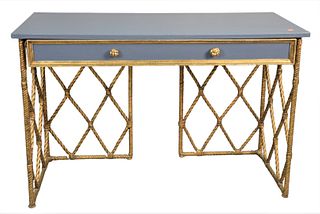 Contemporary vanity or desk, having blue painted top over one drawer on rope style base, height 29 1/2 inches, top 19" x 45".