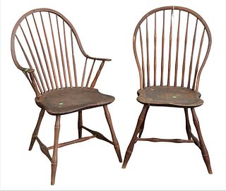 Two Early Windsor Chairs, having one continuous arm, one bow back,  side chair signed Reuben Sanborn Boston, seat height 36 inches.