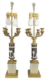 Pair of Candelabra Table Lamps, having black Wedgwood shafts and cut glass bases, each having two lights, height 34 inches.