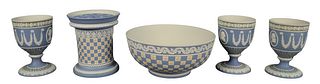 Five Piece Wedgwood Tri-Color Group, to include a vase with flower frog insert, bowl in blue, white, and yellow, along with three American Independenc