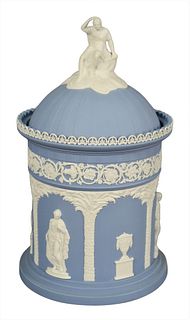 Wedgwood Jasperware Porcelain Humidor, light blue having figural top, limited edition 78 of 200, height 9 1/2 inches.