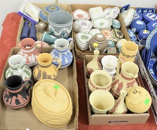 Four Tray Lots with Wedgwood Jasperware, to include five pitchers, teapot, etc., in several colors.