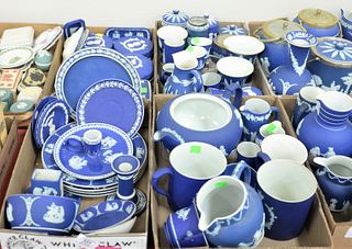 Four Tray Lots of Blue Wedgwood Jasperware, to include plates, covered boxes, pitchers, creamers, vases, etc., teapot width 10 inches.